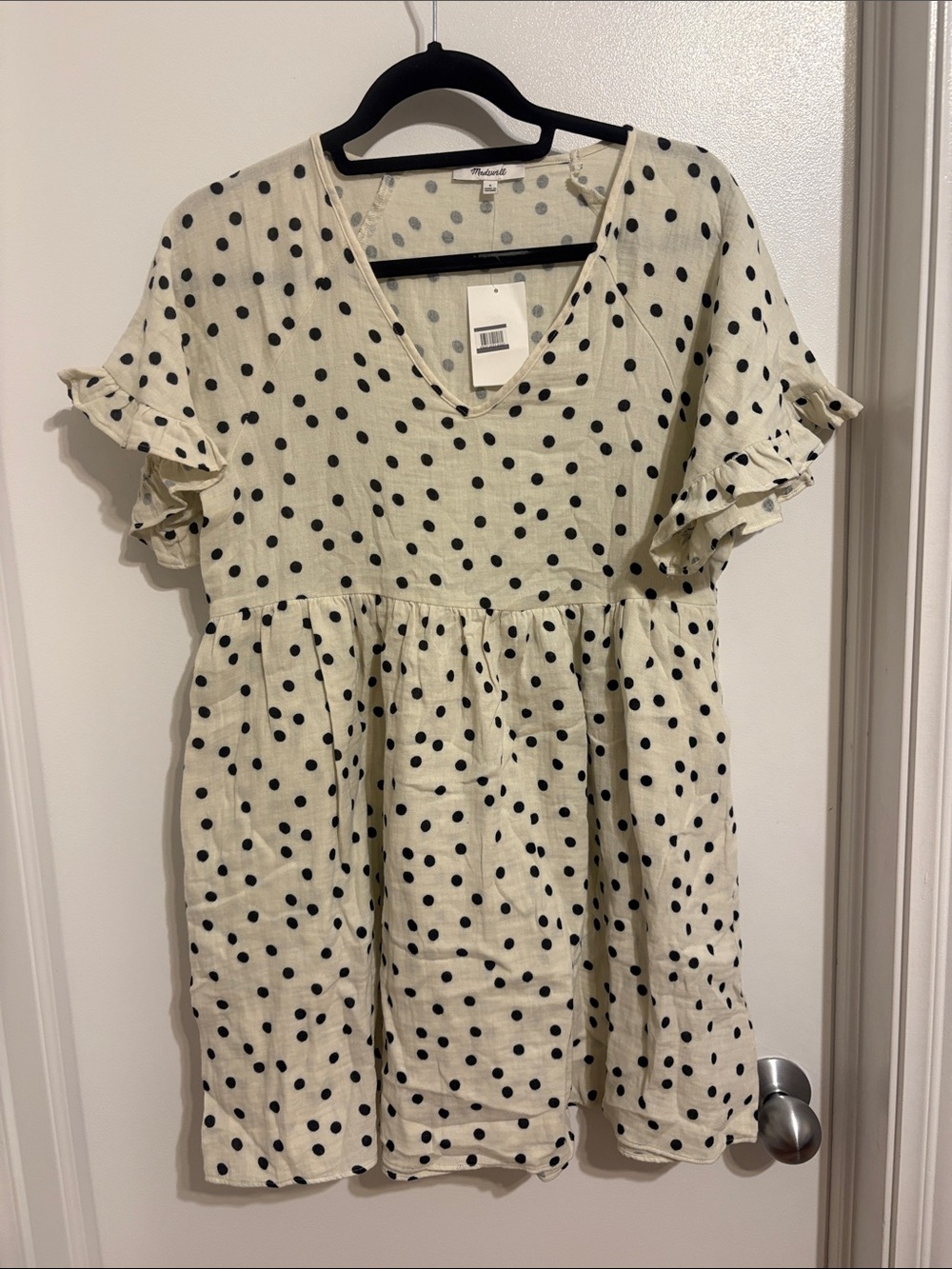 Madewell Cream Dress with Black Polka Dots and Ruffle Sleeves